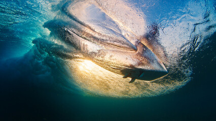 Surfer rides the wave and grabs the water surface. Underwater through the wave view of the surfer riding the wave and touching the water
