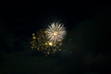 Aerial view of bright fireworks exploding with colorful lights against dark night sky on US...