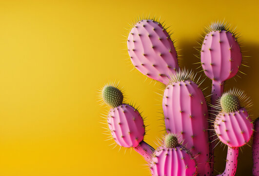 Colourful pink cactus plant against yellow background. Generative ai