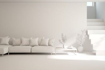 White minimalist living room with sofa. Scandinavian interior design. 3D illustration