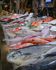 Palma de Mallorca, Spain - 10 Nov 2022: Fresh produce on sale in the Mercat de Santa Catalina