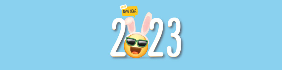 2023 Happy new year horizontal banner with funny smile face with rabbit ears and sunglasses isolated on blue background. 2023 new year banner, poster, flyer, cover with funny cute rabbit