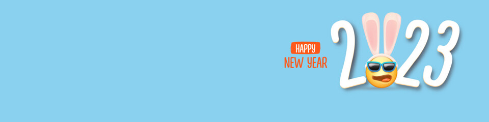 2023 Happy new year horizontal banner with funny smile face with rabbit ears and sunglasses isolated on blue background. 2023 new year banner, poster, flyer, cover with funny cute rabbit