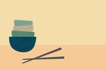 Handmade illustration of empty food bowls stacked in a tower with chopsticks next to them, on brown background. Food concept.