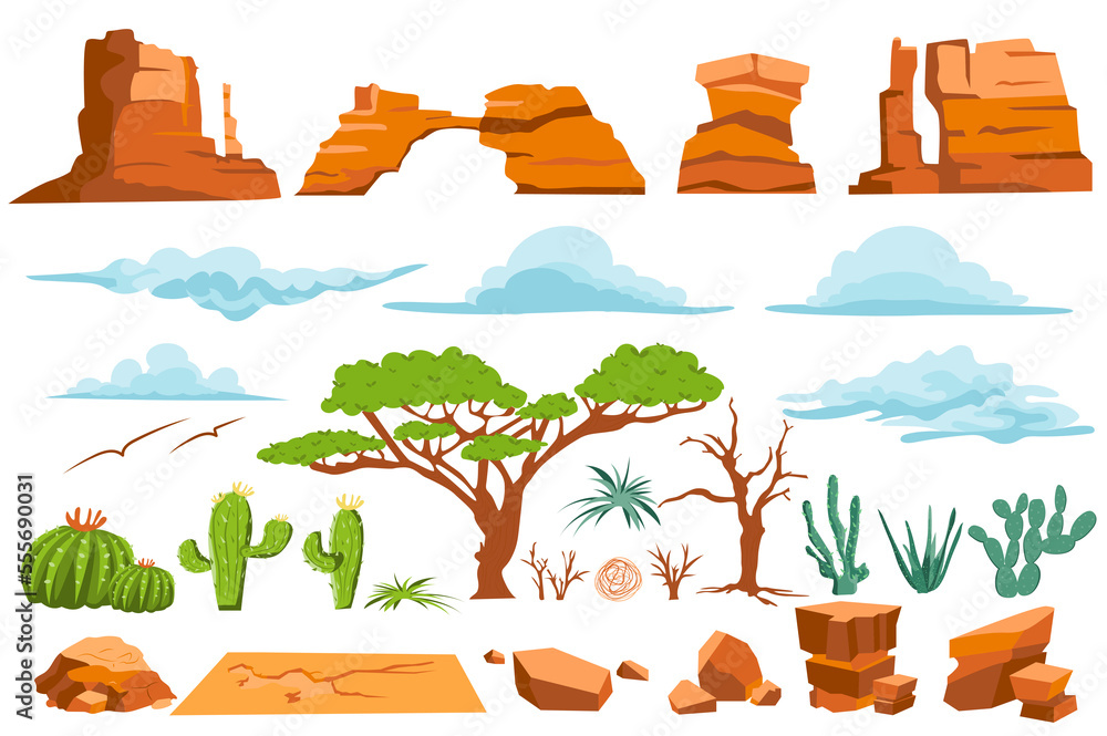 Poster desert nature isolated graphic elements set in flat design. bundle of different shape mountains and 