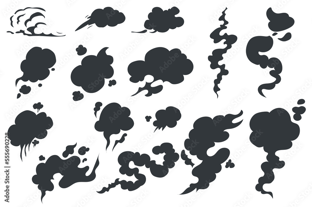 Poster smoke silhouettes isolated graphic elements set in flat design. bundle of different black steam and 