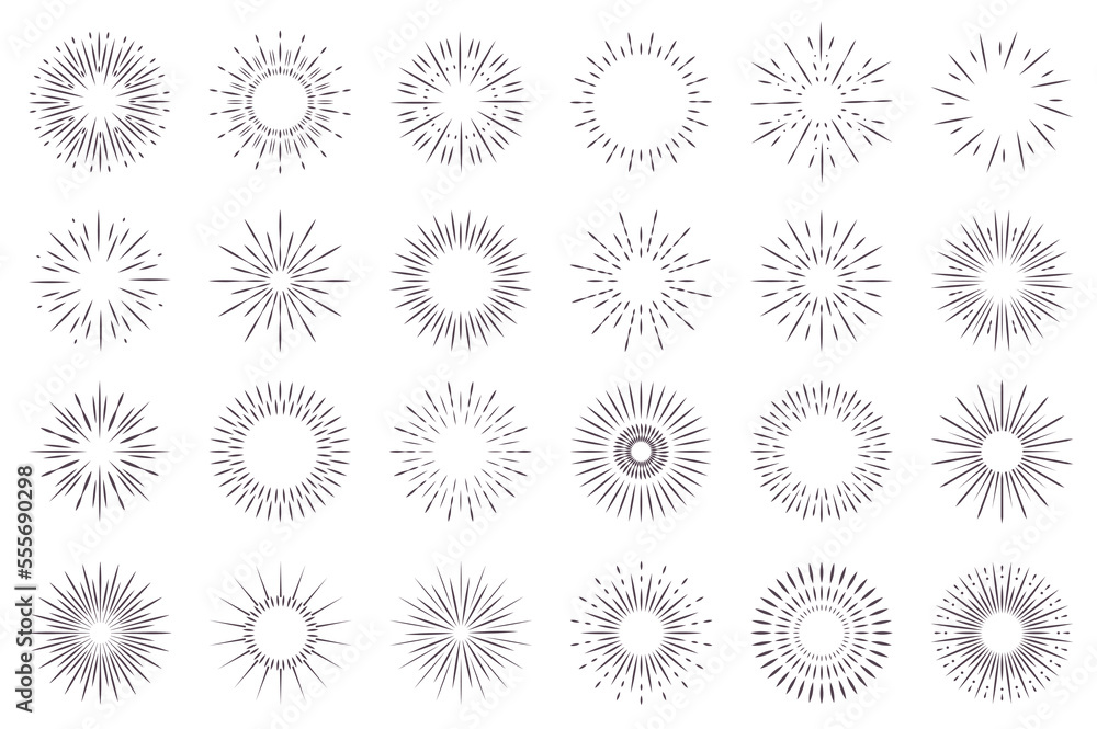 Poster sunburst isolated graphic elements set in flat design. bundle of abstract round contour of sun or li