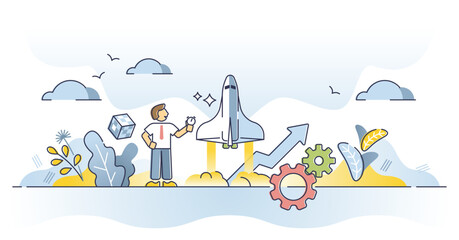 Performance boost, business development and company growth outline concept. Successful businessman with production rise and progress vector illustration. Investment profit rise and fast acceleration.