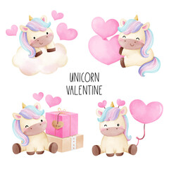 Draw collection baby unicorn with pink heart for valentine day © anchalee