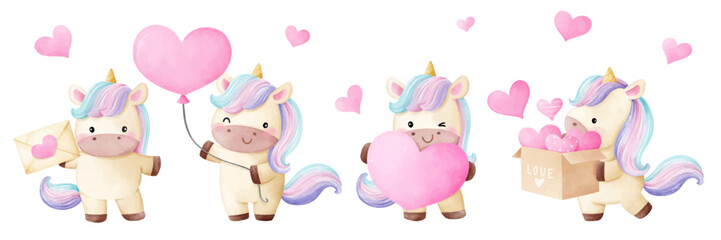 Draw banner cute unicorn with pink heart for valentine day