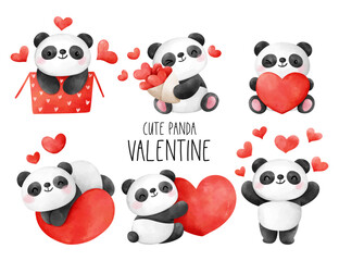 Fototapety  Draw collection cute panda with red heart for valentine day