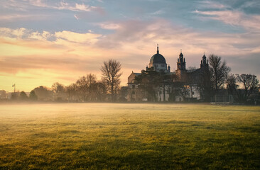 Beautiful misty sunrise scenery with Galway cathedral in Ireland 