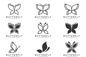 Butterfly continuous line drawing elements set isolated on white background. Vector illustration.