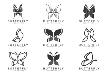 Butterfly continuous line drawing elements set isolated on white background. Vector illustration.