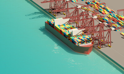 Fototapeta na wymiar Cargo ship loaded with containers docked at the commercial port, 3D illustration