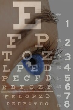 Double exposure of Women's eye on eyesight test chart with eyeglasses closeup