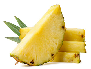 Pieces of pineapple with leaves on a white background. Isolated