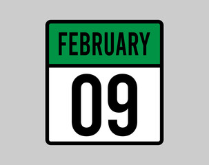 9 February day calendar page. Vector for February days in green calendar icon. Design of the month on light background