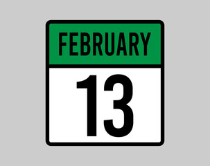13 February day calendar page. Vector for February days in green calendar icon. Design of the month on light background