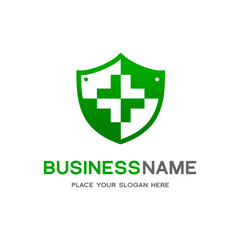 Obraz premium Medical shield vector template logo. This graphic with cross symbol. Suitable for hospital, doctor, secure, life, health, protect.