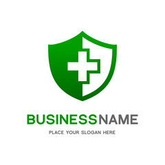 Obraz premium Medical shield vector template logo. This graphic with cross symbol. Suitable for hospital, doctor, secure, life, health, protect.