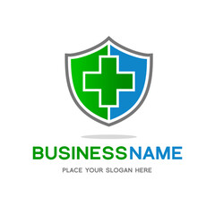 Obraz premium Medical shield vector template logo. This graphic with cross symbol. Suitable for hospital, doctor, secure, life, health, protect.
