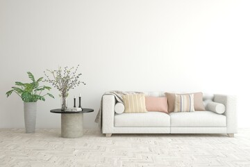 White living room with sofa. Scandinavian interior design. 3D illustration