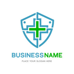 Medical shield vector template logo. This graphic with cross symbol. Suitable for hospital, doctor, secure, life, health, protect.