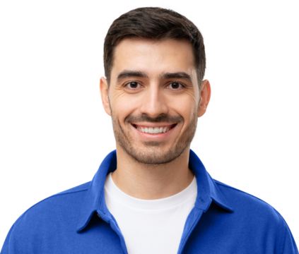 Headshot portrait of smiling young man isolated on gray background