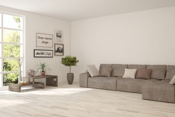 White living room with sofa. Scandinavian interior design. 3D illustration