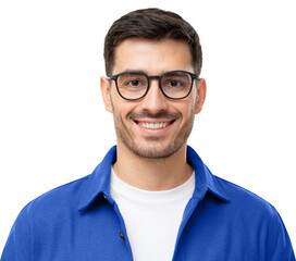 Headshot portrait of young handsome smiling man in blue shirt and glasses