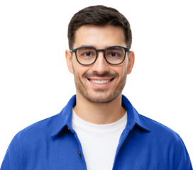 Headshot portrait of young handsome smiling man in blue shirt and glasses