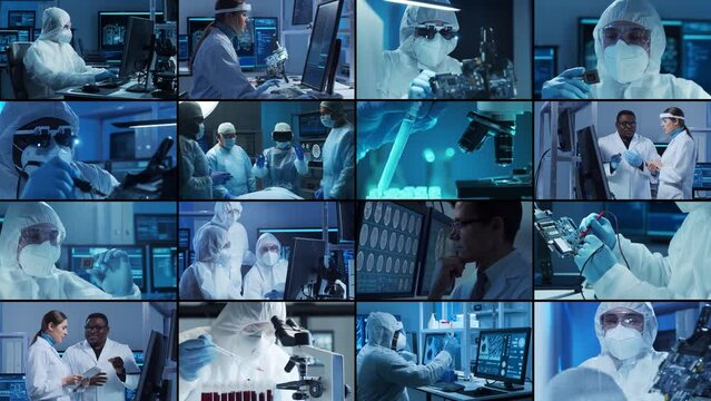 Science, research and laboratory work concept. Diverse people work in modern science labs. Doctors, professors and lab assistants conduct medical, nanotechnological and microelectronic research.