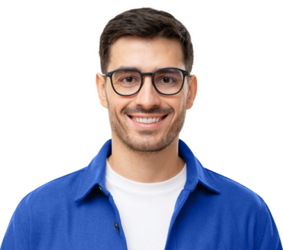 Headshot portrait of young handsome smiling man in blue shirt and glasses