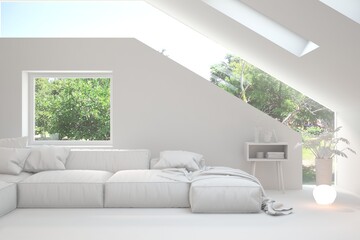 Mock up of stylish room in white color with sofa and green landscape in window. Scandinavian interior design. 3D illustration