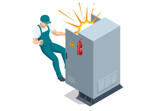 Isometric Electric switchboard. Transformer. Distribution board. Electrical power switch panel. Transformer damaged and short circuit with fire spark
