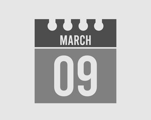 9 day March calendar icon. Gray calendar page vector for March on light isolated background