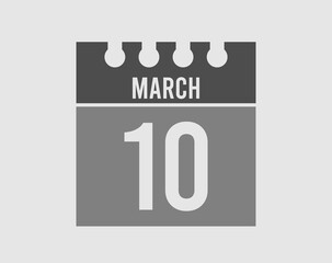 10 day March calendar icon. Gray calendar page vector for March on light isolated background