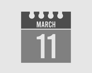 11 day March calendar icon. Gray calendar page vector for March on light isolated background