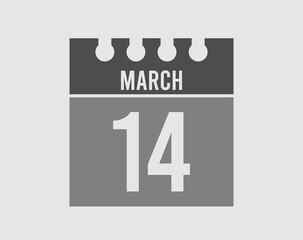 14 day March calendar icon. Gray calendar page vector for March on light isolated background