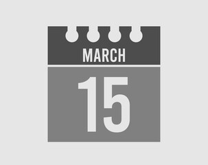 15 day March calendar icon. Gray calendar page vector for March on light isolated background