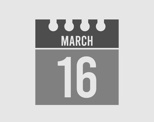 16 day March calendar icon. Gray calendar page vector for March on light isolated background