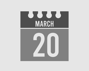 20 day March calendar icon. Gray calendar page vector for March on light isolated background