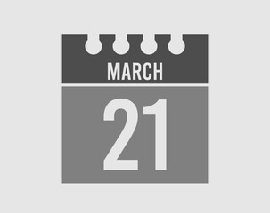 21 day March calendar icon. Gray calendar page vector for March on light isolated background