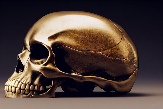 Human skull painted with gold, side view. AI generated photorealistic image of a human skull