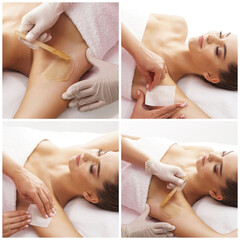 Obraz na płótnie Canvas Beautician is removing hair from young and beautiful female armpits with hot wax. Woman has a beauty treament procedure. Depilation, epilation, skin and health care concepts. Set collage.