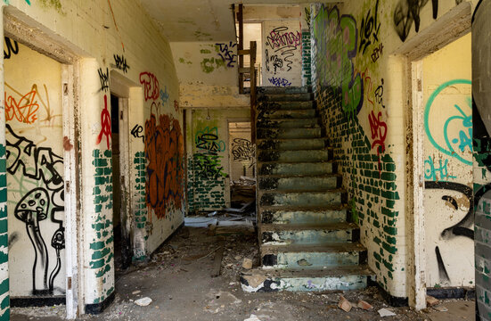 Staircase in an abandoned and vandalised building