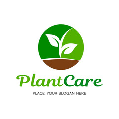 Plant care with leaf vector logo template. This graphic is suitable for ecology, tree, garden.