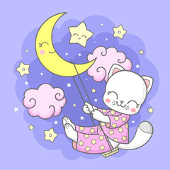 Kitten in pink pajamas on a swing in the moon. Magic theme. For children's design of prints, posters, cards, stickers, cups and so on.Vector illustration