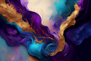Abstract blue purple and metallic gold marble watercolor background, paint texture, created with Generative AI technology - 555695890